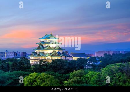 El castillo de Nagoya y el horizonte de la ciudad en Japón