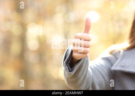 Mujer mano gestuando pulgares para arriba en un parque en otoño