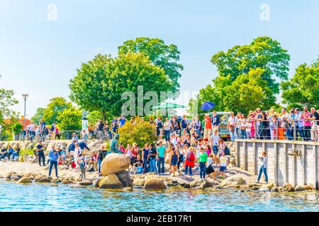COPENHAGUE, DINAMARCA, 21 DE AGOSTO de 2016: La gente está admirando la estatua de la Sirenita en Copenhague, Dinamarca. Foto de stock