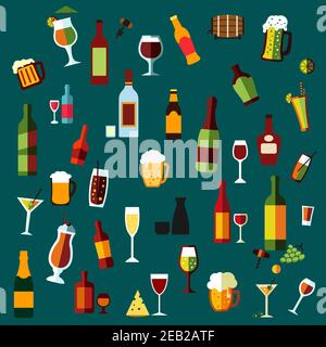 Bebidas alcohólicas planas y cócteles iconos de botellas de vino, champán, martini, cerveza, whisky, brandy y vodka, cócteles y copas de vino, tazas de cerveza w Ilustración del Vector