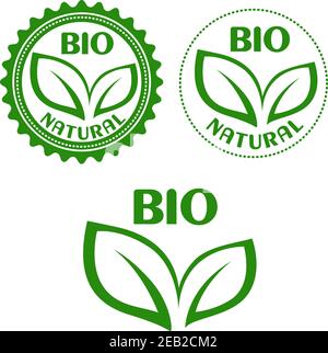 Etiquetas naturales de bioalimentos o símbolos en estilo retro con hojas verdes en marcos de sello circular, para el paquete de alimentos saludables o diseño ecológico Ilustración del Vector