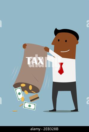  Dibujos animados sonriente hombre de negocios afroamericano cobrando impuestos, derramando de una bolsa de tarjeta de crédito, billetes de dólar y monedas Imagen Vector de stock