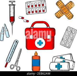 Concepto de ambulancia con un dibujo de iconos de un botiquín de primeros  auxilios, tiritas, medicación, fórceps, jeringa y tabletas. Para el diseño  de temas de medicina y salud Imagen Vector de