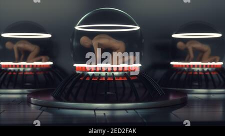 renderización 3d. Escena futurista y figura humanoide