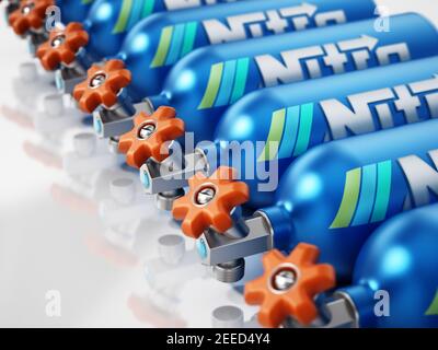 Grupo de tanques de óxido nitroso azul. Ilustración 3D.