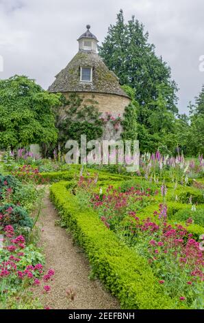Jardines en Rousham House con Digitalis purpurea, guantes Foxy coberturas de caja, palomar en la parte trasera; Oxfordshire, Reino Unido Foto de stock