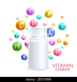 Plantilla de diseño de complejo vitamínico para la publicidad de paquetes de pastillas vitamínicas. Botella de plástico 3D vectorial con copa y burbujas de vitamina con letras DE A, B Ilustración del Vector