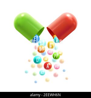 Complejo vitamínico de cápsulas de píldora y burbujas de vitaminas con nombres para suplemento dietético y estilo de vida saludable plantilla de diseño publicitario. Vector A, B Ilustración del Vector