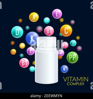 Píldora de complejo vitamínico y plantilla de diseño de botella de plástico 3D para la publicidad de suplementos vitamínicos o dietéticos. Vector burbujas de la bola de la vitamina con letras de Ilustración del Vector