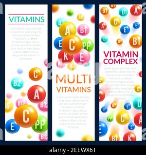 Banners complejos vitamínicos de burbujas vitamínicas con nombres DE A, B y ácido ascórbico C y PP o multivitamínico D. Diseño vectorial para minerales y su dietético Ilustración del Vector