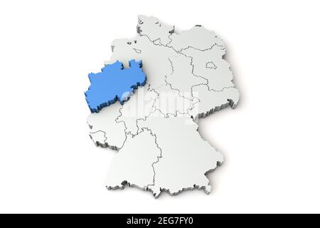 Mapa de Alemania que muestra la región de Renania del Norte Westfalia. Renderizado en 3D