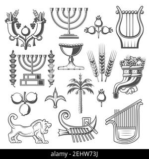 Símbolos del judaísmo iconos de vectores monocromos. y gobeta, Granada y menorá, ramas de laurel y arpa, león y trigo. La cultura judía y Imagen Vector stock - Alamy