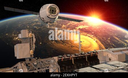 Spacex Dragon acoplado a la Estación Espacial Internacional como parte de otra misión para la NASA.elementos de esta imagen proporcionados por la NASA. Foto de stock