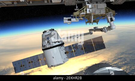 Spacex Dragon acoplado a la Estación Espacial Internacional como parte de otra misión para la NASA.elementos de esta imagen proporcionados por la NASA. Foto de stock