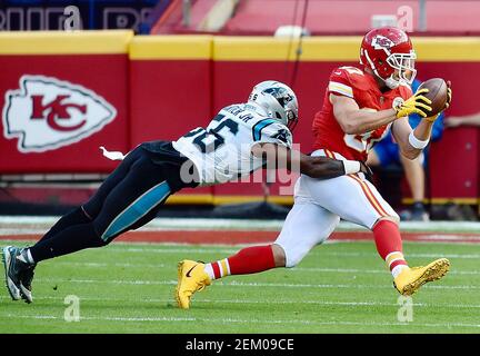 Kansas City Chiefs linebacker Jermaine Carter (53) gets set on defense  during an NFL pre-season football game against the Green Bay Packers  Thursday, Aug. 25, 2022, in Kansas City, Mo. (AP Photo/Peter