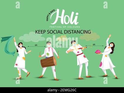 Feliz Holi. Dibujos animados jóvenes jugando Holi en traje blanco . ilustración vectorial. Concepto de virus de corona covid-19 Ilustración del Vector