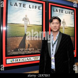 L-R) Former baseball pitcher Chien-Ming Wang, Sons J.J. Wang and Wellington  Wang and Wife Chia-Ling Wu at the 2018 Los Angeles Asian Pacific Film  Festival - Late Life: The Chien-Ming Wang Story