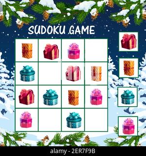 Juego de sudoku de Navidad para niños con cajas de regalos de vacaciones. Niños laberinto lógico, plantilla de juego educativo con envuelto en papel de color y decorado wi Ilustración del Vector