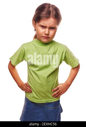 Niños enojados niña malvada muestra fists experimentando ira y aislado Foto de stock