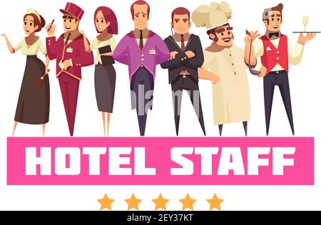  Hotel composición de fondo con conjunto de dibujos animados de estilo plano humano personajes con trabajadores de hoteles e ilustración de vectores de texto Imagen Vector de stock