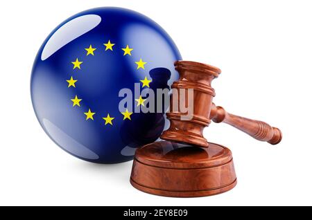 El concepto de derecho y justicia de la Unión Europea. Gavel de madera con bandera de la UE. 3D representación aislada sobre fondo blanco Foto de stock