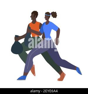 Registro. Movimiento ambiental. Estilo de vida saludable. Pareja de familia afroamericana jogging con bolsas de basura. Actividad física y cuidado del en Ilustración del Vector