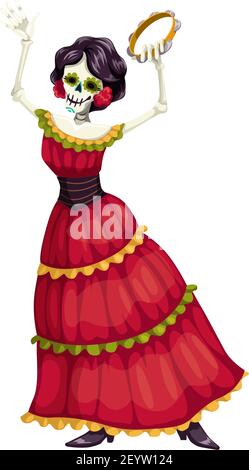 Bailarina mexicana con calavera de catrina aislada. Mujer vectorial con  pandereta, vestido de México Imagen Vector de stock - Alamy