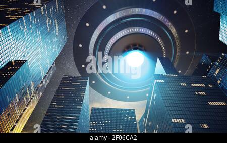 Nave espacial alienígena OVNI en la ciudad por encima de los rascacielos. 3D ilustración representada. Foto de stock