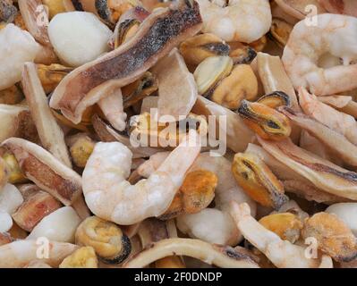 los mariscos congelados mezclan el fondo con camarones, mejillones y pulpo Foto de stock