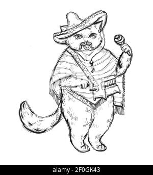 Gato sosteniendo una maraca y vestido en el poncho, sombrero. Ilustración de sombreado monocromo vintage aislada sobre fondo blanco. Diseño dibujado a mano para