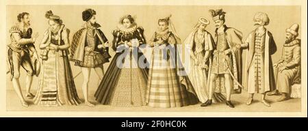 Grabado del siglo 19th de trajes europeos de los siglos XV y XVI. De izquierda a derecha: 1,2 - ciudadanos alemanes; 3 - disfraces españoles; 4 - franceses