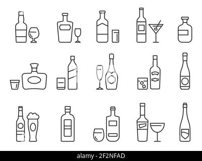 Iconos de la línea de bebidas alcohólicas. Botellas y vasos con cerveza, vino y cócteles de bar. Símbolos del menú pub para el juego de vectores de bebidas alcohólicas Ilustración del Vector
