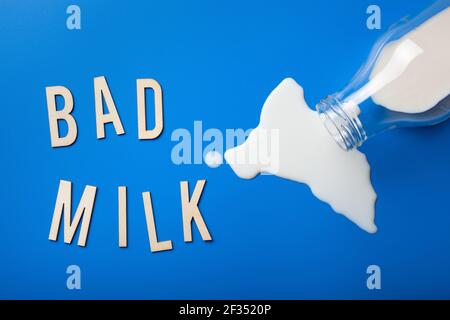 mala leche palabra texto letras intolerancia a la lactosa alergia. salpicaduras de leche. evitar lácteos peligrosos Foto de stock