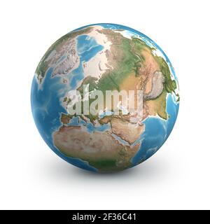 Planeta Tierra globo, aislado en blanco. Geografía del mundo desde el espacio, centrada en Europa y Asia - elementos de esta imagen proporcionados por la NASA