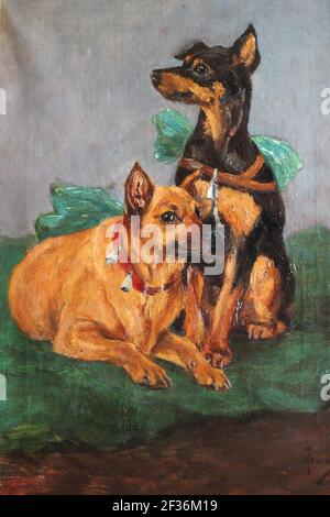 Pintura al óleo de dos perros Un perro lleva un arnés con un lazo verde, otro lleva un collar rojo con campanas y un arco verde con espacio para copiar