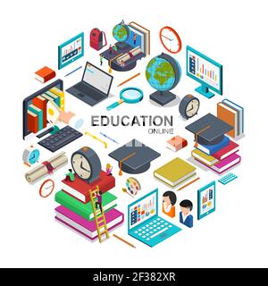 Concepto de ronda de educación en línea isométrica con dispositivos para formación en línea tapa de graduación estudiantes libros lupa alarma reloj mochila certificado pluma Ilustración del Vector