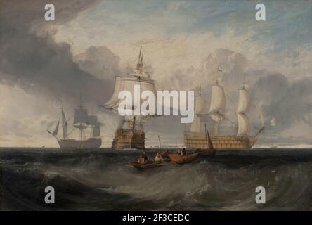 La Victoria regresando de Trafalgar, en tres posiciones; la "Victoria" regresando de Trafalgar; la Victoria regresando de Trafalgar, CA. 1806. Foto de stock