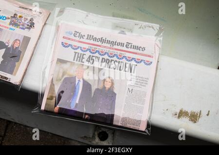Primera página conmemorativa del periódico Washington Times.en la inaguración del presidente Donald Trump en 2017 en Washington D.C.