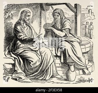 Cristo y la mujer samaritana en el pozo de Jacob. Nuevo Testamento, Antiguo siglo 19th ilustración grabada de la Historia de la Biblia 1883 Foto de stock