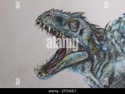 Dibujo de dinosaurio - cara de Indominus Rex dibujado a mano Pasteles - dinosaurio de desecho Foto de stock
