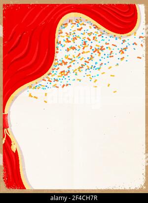 Ilustración vectorial de una cortina roja de teatro con color confeti sobre un fondo retro. Tarjeta vintage con una textura grunge. Fondo de papel antiguo. Elemento de diseño Ilustración del Vector