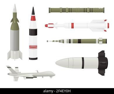 Conjunto de cohetes militares armas de lanzamiento de vectores nucleares ilustración aislada sobre fondo blanco. Ilustración del Vector