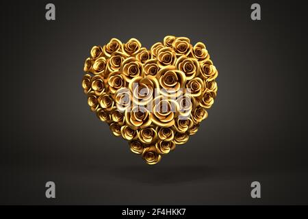 3D renderizado: Un corazón de rosas doradas frente a un fondo negro. Concepto de amor y ternura - día de San Valentín, Boda o día de la Madre
