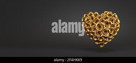 3D renderizado: Un corazón de rosas doradas frente a un fondo negro. Concepto de amor y ternura - día de San Valentín, Boda o día de la Madre. Web banne