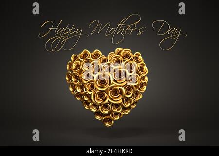 3D renderizado: Un corazón de rosas doradas frente a un fondo negro y el texto 'Feliz día de la Madre' en la parte superior.