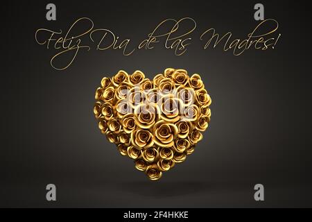 3D Rendering: Un corazón de rosas doradas frente a un fondo negro y el mensaje español 'Feliz día de las madres' en la parte superior.