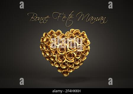 3D Rendering: Un corazón de rosas doradas frente a un fondo negro y el mensaje francés 'Bonne Fête Maman' ('Feliz día de la Madre') en la parte superior.
