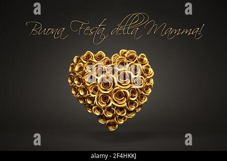 3D Rendering: Un corazón de rosas doradas frente a un fondo negro y el mensaje italiano 'Buona Festa della Mamma!' ('Feliz día de la Madre') en la parte superior.