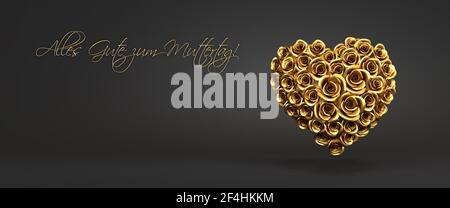 3D Rendering: Un corazón de rosas doradas frente a un fondo negro y el mensaje alemán 'Alles Gute zum Muttertag' ('Feliz día de la Madre'). Prohibición web