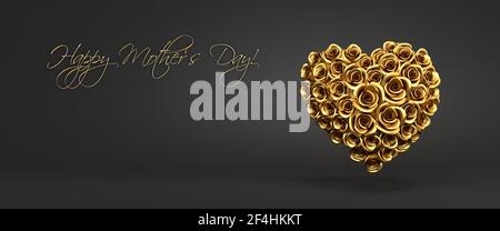 3D Rendering: Un corazón de rosas doradas frente a un fondo negro y el texto 'Feliz día de la Madre' - banner web formato